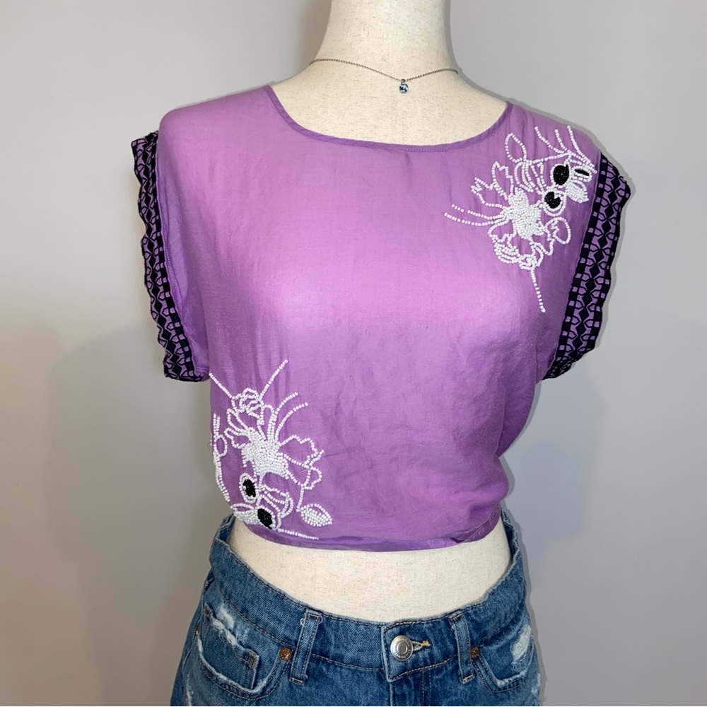 Anthropologie Leif Notes Purple Floral Beaded Women's Top silk and cotton Size 0